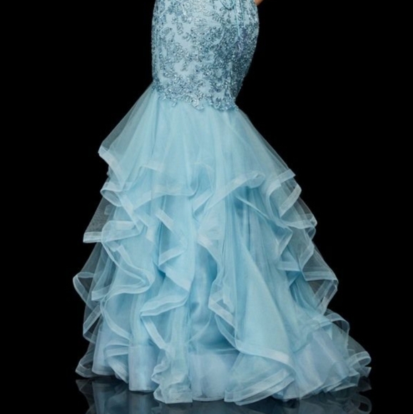 Size 12 (tag 14) light blue lace up crystal lace layered mermaid gownSherri Hill - Picture 8 of 9
